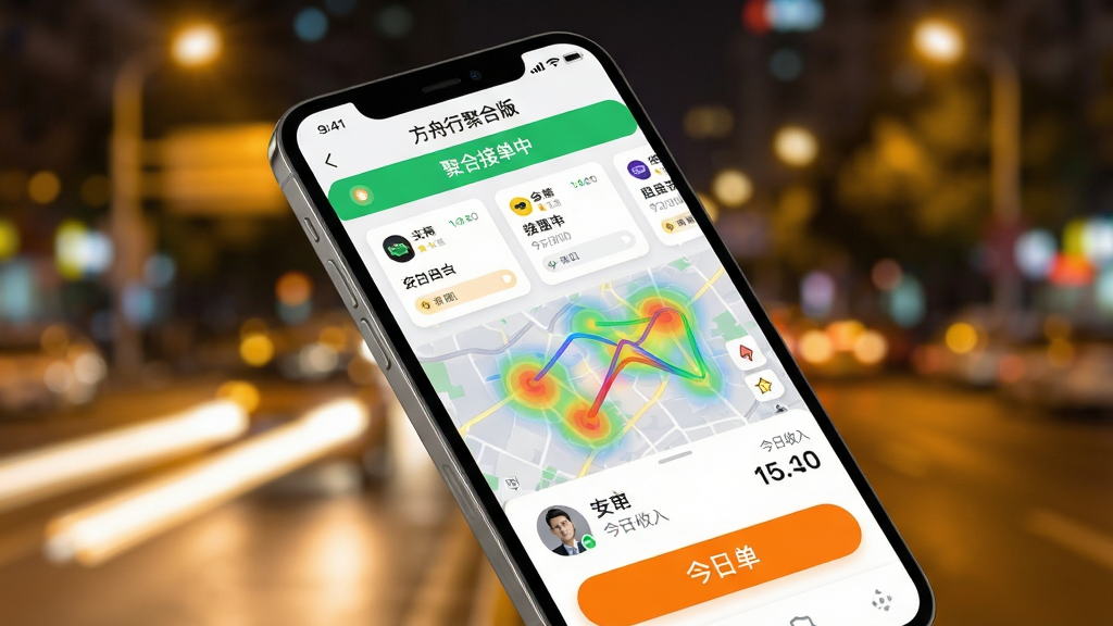 ��������Ϊһ�������ֻ���Ļ��д����Ļ��������ʾ�������оۺϰ桱App�����棬���涥���С��ۺϽӵ��С���ɫ״̬�����·�����չʾ�������ƽ̨������Ƭ����ͼ�����ò�ɫ������������ӵ��������ֲ��þ��й�ͼ���ֻ���΢��б������Ϊ�黯�ĳ��нֵ�ҹ����������Ӱ�γɽ�ɫ��ߡ��Ű�ɾ�������UIԪ���ִ������дʵ�Ҿ��пƼ��У�ϸ�ڰ���˾����ͷ�񡢽����������֡��ӵ���ťΪ��Ŀ�ĳ�ɫ�����廭�ʸ����������ɾ��޶���Ԫ�ء�