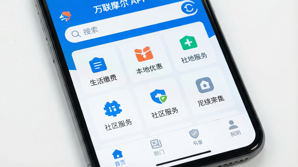 一张手机屏幕特写,屏幕中清晰显示“万联摩尔”APP主界面,采用蓝色与白色为主的扁平化设计风格,顶部有搜索栏,中部展示功能图标网格,包括生活缴费、本地优惠、社区服务等,下方为底部导航栏。布局规整,排版清晰,整体画面干净明亮,细节丰富,画质高清,无多余元素