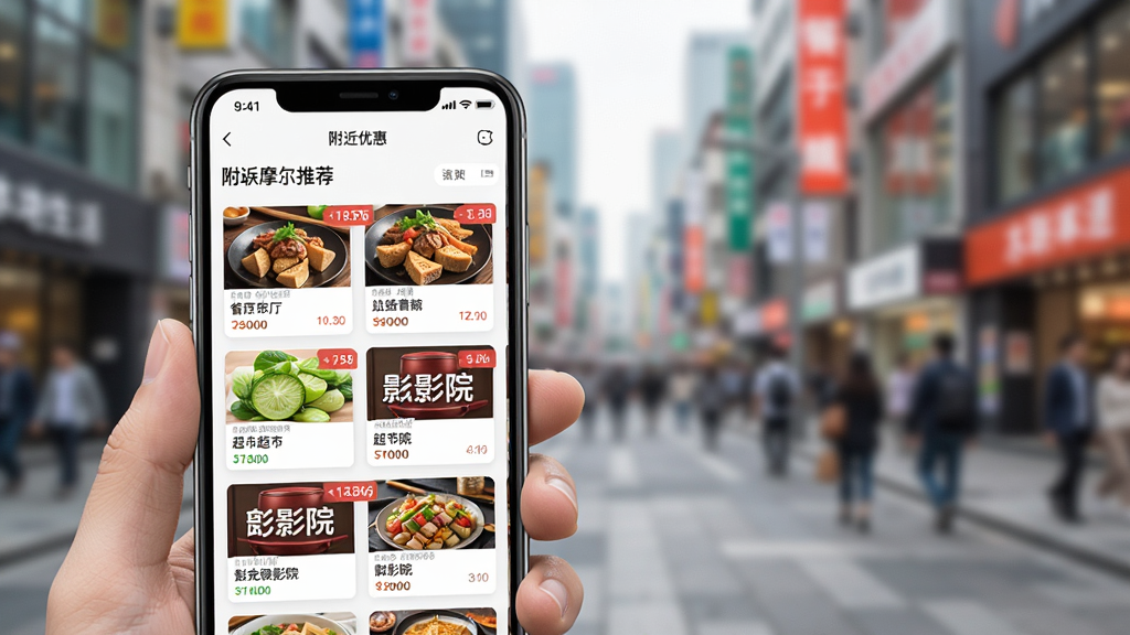 一幅城市街道背景的图片,前景是一部手机,手机屏幕展示万联摩尔APP的“附近优惠”页面,列表项包含餐厅、超市、电影院等商家卡片,每张卡片有图片、名称和折扣标签,背景虚化,整体风格时尚明快,突出本地生活推荐主题,画面干净,无多余元素
