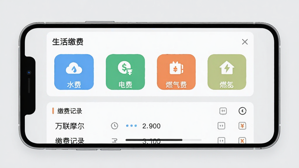 一张智能手机横屏展示万联摩尔APP的缴费功能页面,屏幕中显示“生活缴费”模块,包含水费、电费、燃气费等多个彩色图标,下方有缴费记录列表,背景为浅灰色,整体界面简洁现代,扁平化设计,布局清晰,画质细腻,干净无多余元素