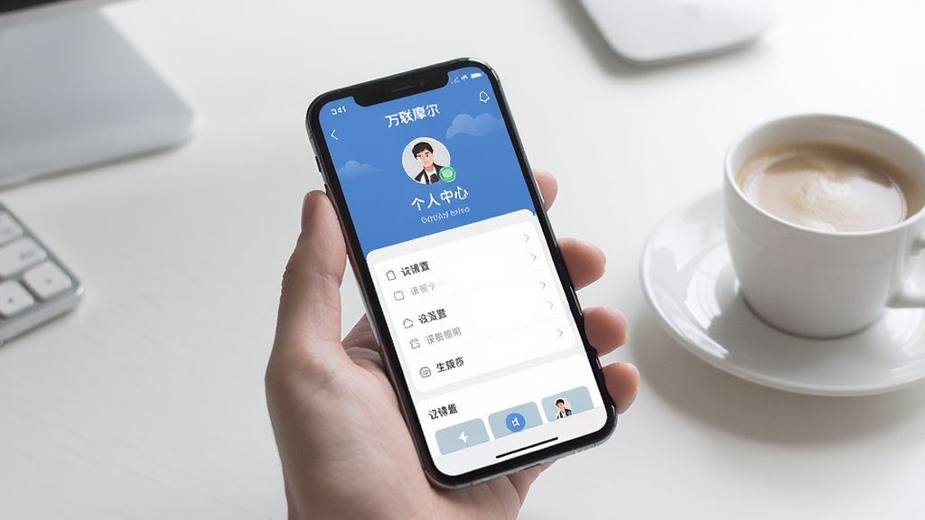 一张手机使用场景图,手机屏幕亮起显示万联摩尔APP的个人中心页面,有头像、设置列表,背景是整洁的桌面,旁边有一杯咖啡,画面明亮,构图清晰,风格写实,画质干净,无多余元素