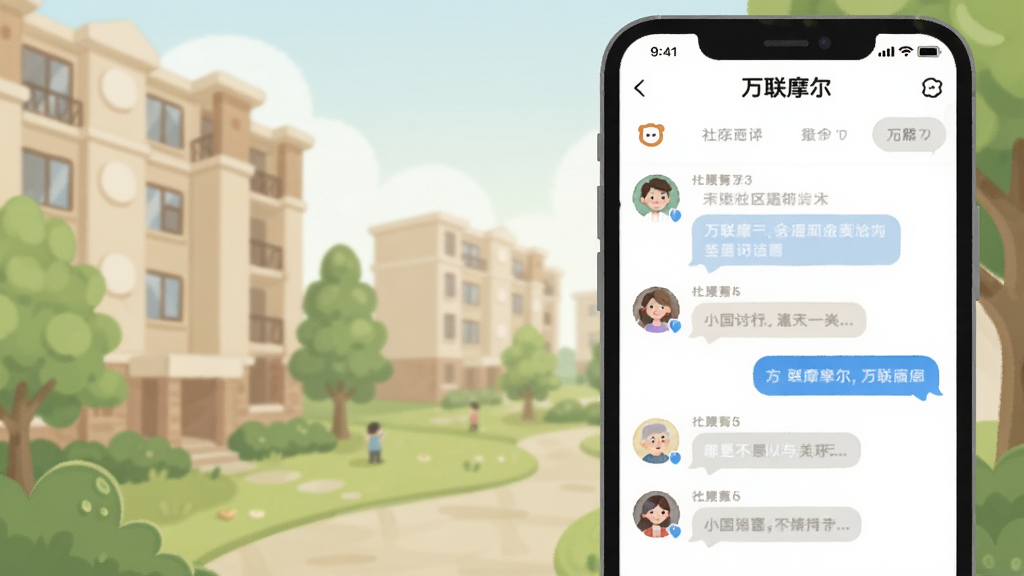 一个温馨的社区场景插画,前景是手机屏幕,显示万联摩尔APP的社区讨论组页面,有用户头像和对话气泡,背景是模糊的居民楼和绿树,整体色调柔和,风格亲和,画面干净,无多余元素