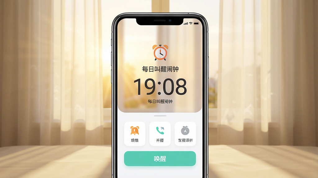 主体:手机屏幕显示“每日叫醒闹钟”主界面,界面中有时间显示和唤醒按钮。布局:手机居中,屏幕内容清晰可见,下方有柔和的光影效果。排版:界面采用极简风格,大数字时钟居中,功能按钮排列整齐。风格:现代扁平化UI设计,色彩清新明快。细节:屏幕上有“每日叫醒闹钟”文字,闹钟图标点缀,背景为清晨阳光透过窗帘的温馨场景。画质:高清渲染,干净无多余元素。