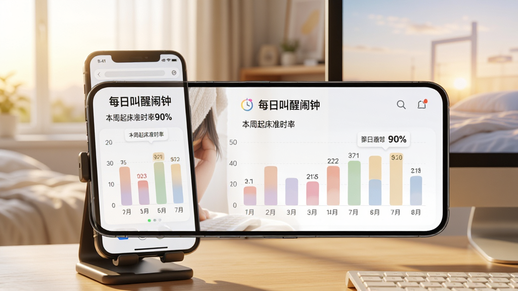 主体:手机横屏显示“每日叫醒闹钟”的睡眠统计图表。布局:手机与电脑屏幕并排,背景为卧室清晨氛围。排版:图表以柱状图呈现,色彩柔和。风格:温馨自然光效,细节清晰。细节:屏幕上有“每日叫醒闹钟”标题,数据标签显示“本周起床准时率90%”,床边有手机支架。画质:高清渲染,干净整洁。