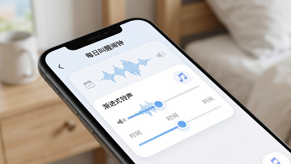 主体:手机屏幕展示“每日叫醒闹钟”的铃声设置页面。布局:手机斜放于桌面,背景虚化。排版:页面中显示“渐进式铃声”选项,带有音量滑块与时间调节条。风格:清爽的浅色UI,圆角卡片设计。细节:屏幕上有“每日叫醒闹钟”标识,波形图动画表示音量变化,旁边有音符图标。画质:细腻高分辨率,干净明亮。