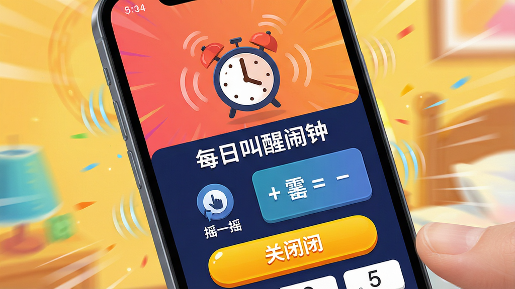 主体:手机屏幕显示“每日叫醒闹钟”的任务关闭界面。布局:手机竖屏,上方闹钟响铃动画,下方有“摇一摇”图标与数学题区域。排版:界面清晰,任务按钮醒目。风格:动感活泼,色彩鲜明。细节:屏幕中显示“每日叫醒闹钟”字样,有手机震动线条效果,数字键盘浮现。画质:高清,动态感强,无杂乱元素。