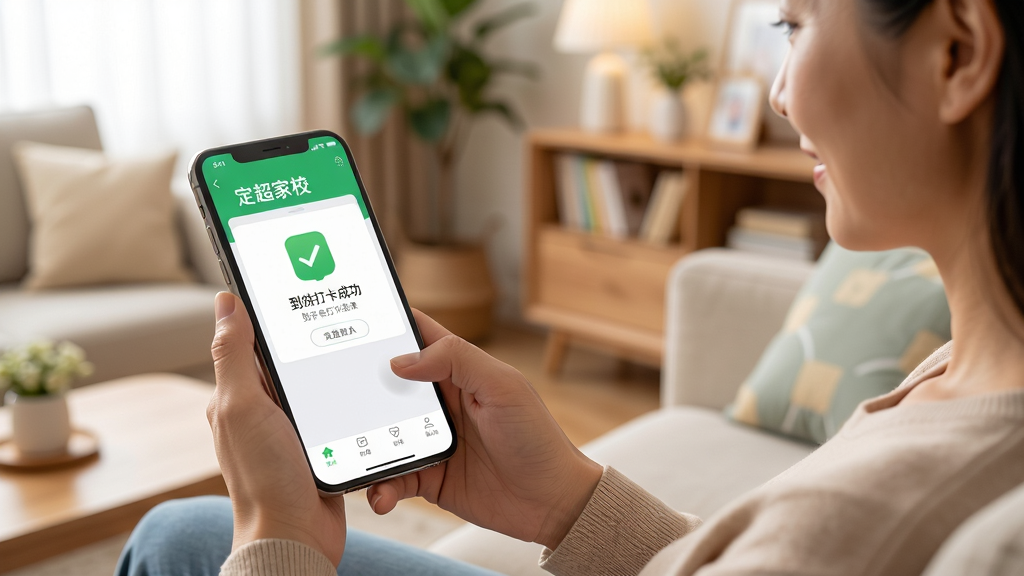 一位家长正坐在客厅沙发上使用智能手机查看“定超家校”应用中的孩子考勤记录,手机屏幕特写显示着“到校打卡成功”的绿色界面,背景是温馨的家庭环境。构图采用侧拍视角,画面明亮柔和,风格写实生活化,画质高清干净,无多余元素。