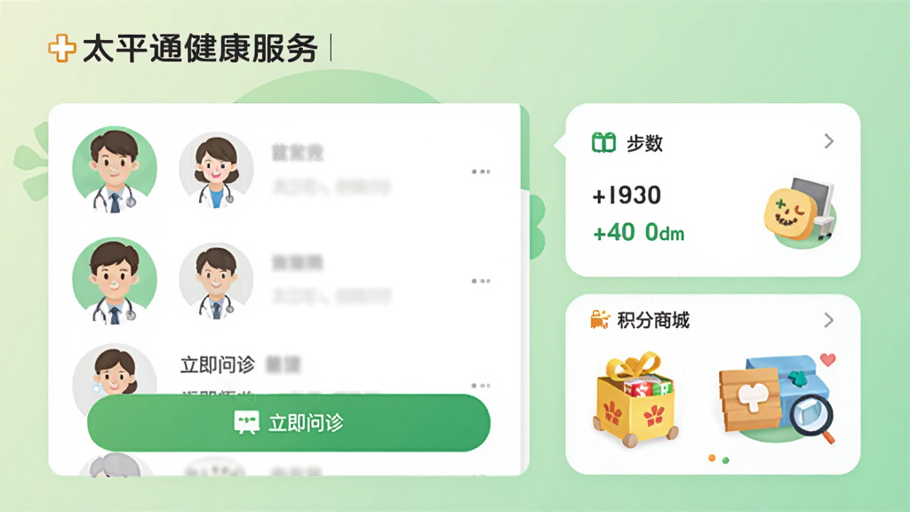 太平通健康服务页面,展示在线医生头像列表和“立即问诊”绿色按钮,旁边有步数统计卡片和积分商城入口,背景为浅绿色渐变,人物插画风格友好,画质干净无多余元素