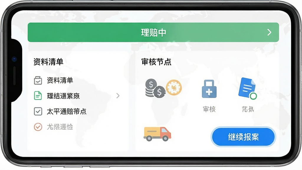 太平通理赔进度追踪页面,顶部显示“理赔中”状态条,下方有资料清单和审核节点图标,背景为白色,蓝色高亮按钮写着“继续报案”,整体界面简洁,图标扁平化,画质干净