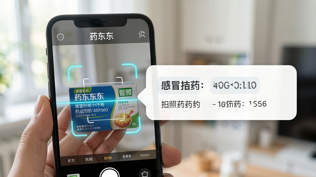���壺ҩ����App��ҩƷ����ʶ���ܽ��棬�ֻ�����ͷ��׼һ�и�ðҩ�����֣��ֻ�����࣬�Ҳ൯��ʶ������Ƭ����Ƭ����һ��ҩƷ������Ϣ���Ű棺���涥���С�ҩ�������������м���ɨ�趯�����������дʵ��UI��ϣ�������Ȼ�⡣ϸ�ڣ�ҩ���ϵ����������������ƬԲ����Ӱ�����ʣ�4K���壬�ɾ������
