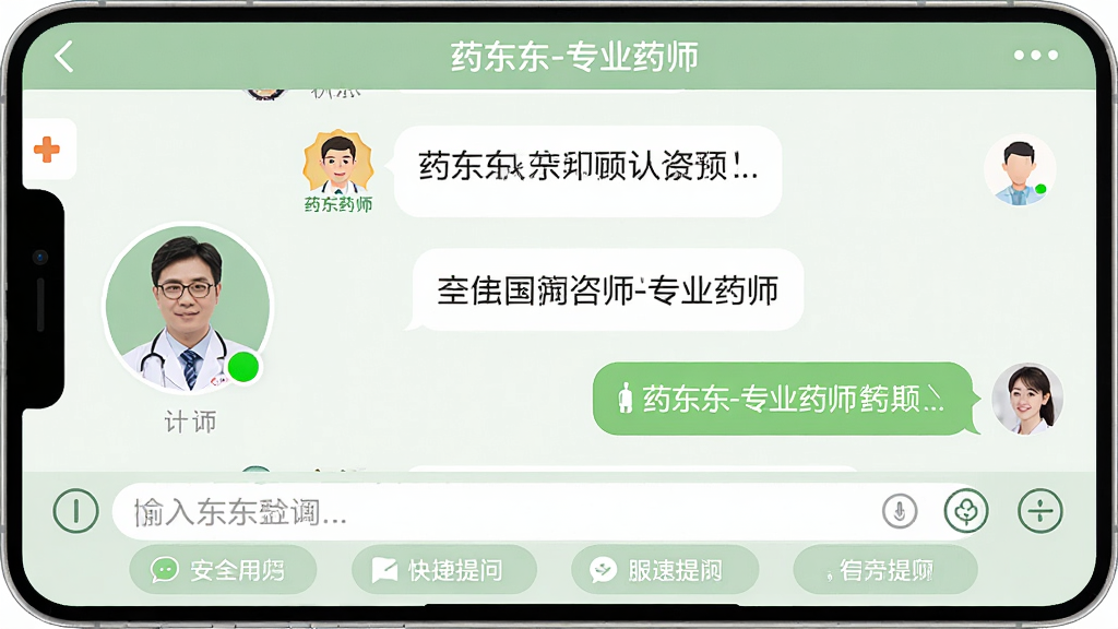 ���壺ҩ����App������ҩʦ��ѯ������棬һλ���״�ӵ�ҩʦͷ������࣬�Ҳ����û���ѯ���ݡ����֣����½ṹ���Ϸ��ǶԻ������·���������������ʰ�ť���Ű棺���������������У������С�ҩ����-רҵҩʦ����ʶ�������ů�׺͵Ŀͷ������񣬵������ɫ��ɫ��ϸ�ڣ�ҩʦ��֤��ʶ������״̬�̵㡣���ʣ�����UIչʾ������޶���Ԫ�ء�