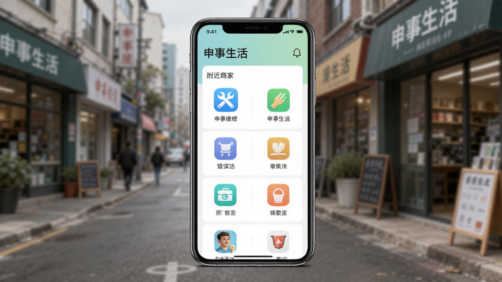 ��������app�ܱ߷���ҳ�棬�ֻ���Ļ��ʾ����������͸����̼��б�������ά�ޡ������ͼ�꣬������ģ���ĳ��нֵ����̣��ֻ�λ�ڻ������룬UI�������룬ɫ����ͣ�дʵ���ϸ�ڷḻ���ɾ��޶���Ԫ��
