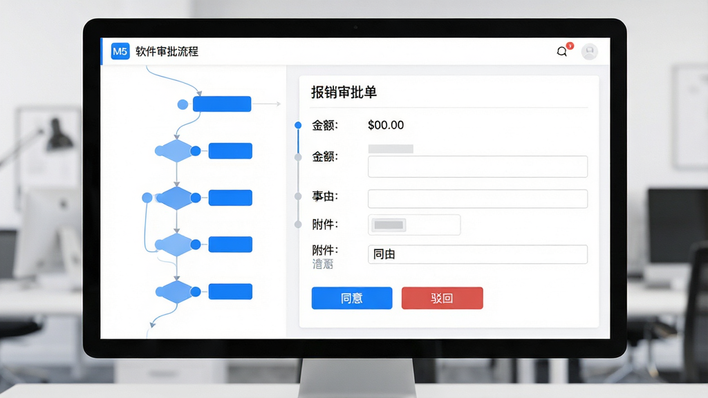 主体:M5软件的审批流程界面,屏幕中央显示一个报销审批单。布局:左右结构,左侧为流程节点图,右侧为表单详情。排版:流程节点以垂直时间线展示,表单字段清晰排列。风格:商务专业,白底配蓝色高亮按钮。细节:审批单上有“金额”、“事由”、“附件”等字段,底部有“同意”和“驳回”按钮。画质:精细渲染,界面干净,无多余元素。