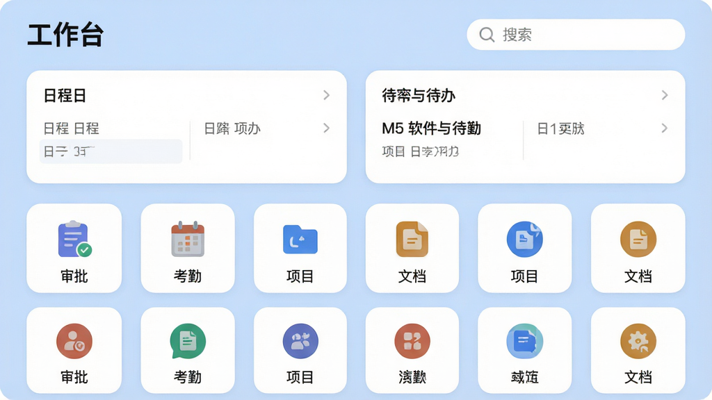 主体:M5软件的工作台界面,顶部有“工作台”标题和搜索栏。布局:上下结构,上方为日程与待办卡片,下方为宫格排列的功能图标。排版:图标整齐排列,每个图标下方配有中文名称。风格:清爽简洁,浅蓝色背景,白色卡片圆角设计。细节:图标包含“审批”、“考勤”、“项目”、“文档”等。画质:高清晰度,色彩柔和,无多余元素。