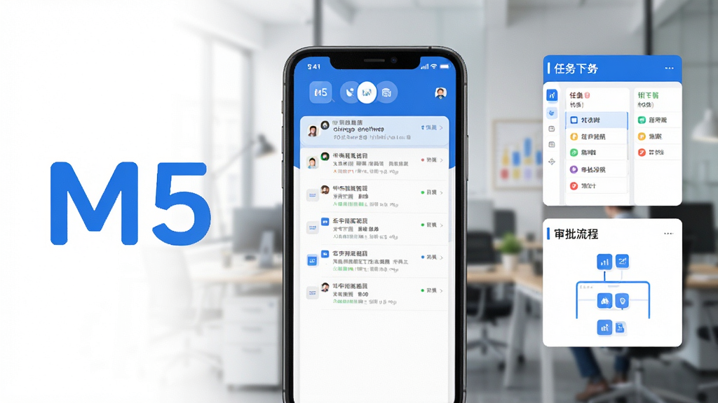 主体:M5软件的品牌形象展示界面,屏幕上有“M5”字样和协同办公图标。布局:居中构图,前景为手机界面特写,背景为虚化的办公场景。排版:画面左侧留白,右侧放置APP功能模块卡片。风格:现代科技感,蓝白主色调,扁平化设计。细节:手机屏幕显示消息列表、任务看板、审批流程等清晰可辨。画质:高清渲染,干净无多余元素。