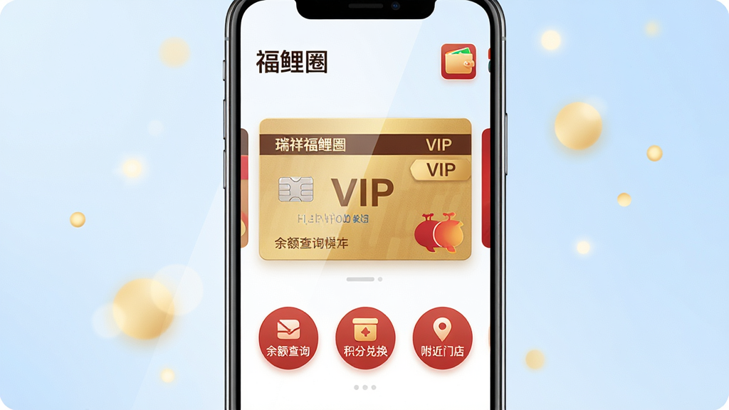 ���壺һ�������������ֻ���Ļռ�ݻ������룬��Ļ������չʾ�����鸣��Ȧ��APP�������棬���涥���С�����Ȧ�������Ϳ���ͼ�꣬�в���ʾһ�Ž�ɫ�Ĺ��￨��Ƭͼ�Σ�����ӡ�С����鸣��Ȧ���͡�VIP���������·��С�����ѯ���������ֶһ������������ŵꡱ����Բ�ι��ܰ�ť�����֣��ֻ��������У�����Ϊ����ɫ���䣬�ֻ���Ļ������Ϊ�Ӿ����㣬��Χ���׸ɾ�������׺������ɫԲ�ι�ߡ��Ű棺��Ļ����Ϣ�㼶��������Ƭͼ��ͻ�������ܰ�ť�������С�����ִ���ƽ����������ɫ��������Ʒ�ƺ졢��ɫΪ������������ͨ͸��ϸ�ڣ���Ƭͼ����ϸ��Ĵ�����оƬ��������Ļ����΢�Ĳ�������Ч�������������͡����ʣ�8K���壬ϸ�ڷḻ���ɾ��޶���Ԫ�ء�