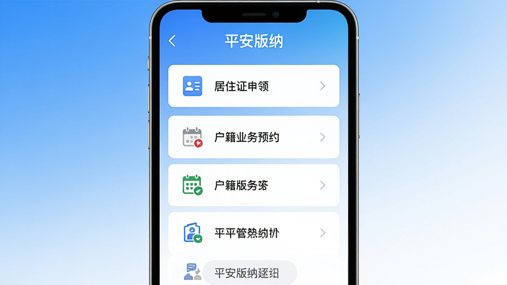 ͼƬ����Ϊ��ƽ�����ɡ�APP������¹��ܽ����ͼ�����б���ʽչʾ����ס֤���족��������ҵ��ԤԼ������ڣ�ÿ�����м��ͼ�ꡣ���汳��Ϊ�ɾ������׽��䣬ģ���ֻ�ƽ��������棬�Ϸ��С�ƽ�����ɡ����������岼��Ϊ����չʾ��UI���ͼ����������죬ע�ع��ܷ�����ϸ�ڰ������������ֱ�ǩ�밴ť״̬�������������޶������