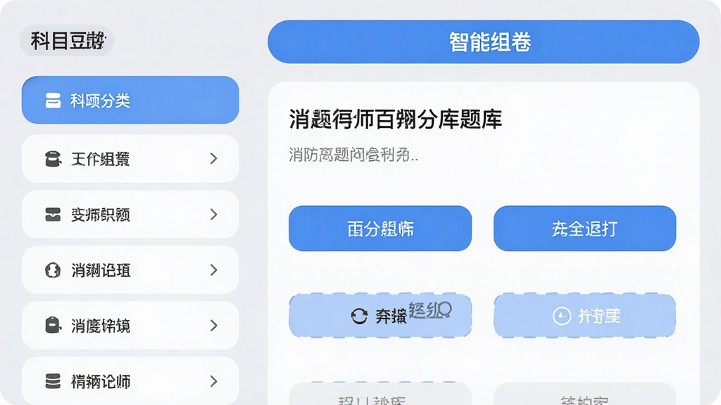 消防工程师百分题库软件内页截图风格,左侧为科目分类列表,右侧为题目详情与选项按钮,顶部显示“智能组卷”功能按钮,背景浅灰色,卡片式布局,圆角设计,文字清晰,整体UI简洁现代,画质干净清晰,无多余元素