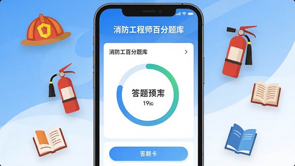 消防工程师百分题库软件主界面,展示手机屏幕内考题列表与答题卡,背景为蓝白渐变色,主体为一部智能手机居中,屏幕上有“消防工程师百分题库”字样与进度环,周围漂浮着消防头盔、灭火器、书本等图标,整体风格扁平化,色彩明亮干净,高清画质,无多余元素