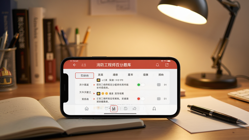 消防工程师百分题库使用场景,手机横屏显示做题界面,旁边放有笔记本和笔,背景为书桌与台灯,暖色调,写实风格,细节丰富,画质清晰,无多余元素