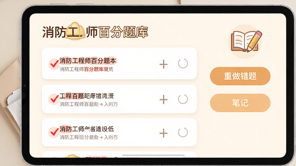 消防工程师百分题库错题本界面,屏幕上显示错题列表与红色标记,右侧有“重做错题”“笔记”按钮,背景为暖白色,卡片式设计,配有书本和铅笔图标,整体风格温馨清爽,文字清晰,画质干净,无多余元素
