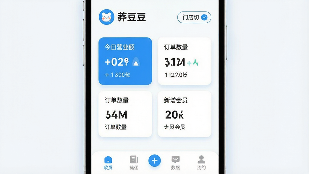一张现代简约风格的手机应用界面展示图,主体为“莽豆豆”APP的商家后台首页,布局清晰展示今日营业额、订单数量、新增会员三大核心数据卡片。排版上,顶部为品牌Logo与门店切换按钮,中部为数字仪表盘,底部为功能图标导航栏。整体采用明亮的蓝白主色调,扁平化设计,细节处体现圆润的图标与柔和阴影,画质高清,干净整洁,无多余元素,屏幕上可见文字“莽豆豆”。
