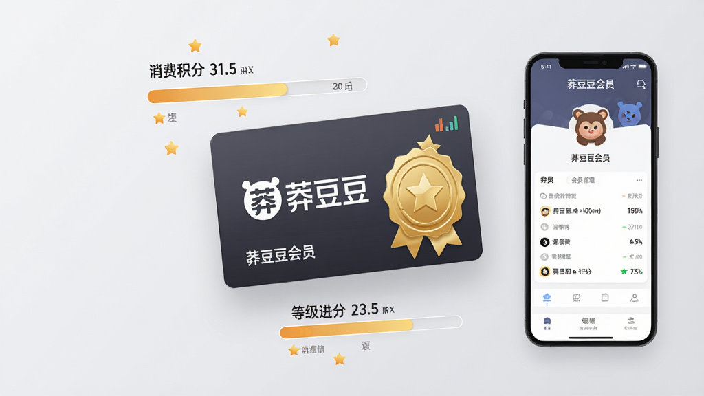 一幅会员管理概念图,主体为一张卡片上印有“莽豆豆”Logo与金色会员徽章,周围环绕消费积分与等级进度条。布局采用中心构图,卡片浮于浅灰色背景之上,旁边放置手机界面展示会员详情。整体风格商务简约,细节包括星星图标与数字积分,画质高端干净,无多余元素,文字为“莽豆豆会员”。