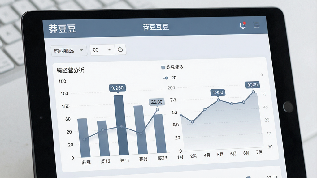 一张数据报表展示图,主体为平板电脑上显示的“莽豆豆”经营分析页面,包含柱状图与折线图。布局为上下结构,上方是时间筛选器,下方是图表区域。风格简洁商务,蓝灰色调,细节突出关键数据点标注,画质清晰柔和,无多余元素,屏幕上可见“莽豆豆”字样。
