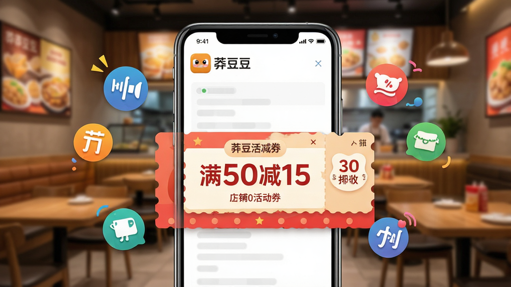 一张展示手机优惠券推送画面的效果图,主体为一部手机,屏幕上显示“莽豆豆”推送的店铺满减活动券。背景为模糊的餐饮店铺环境,前景突出优惠券设计,包含“满50减15”醒目字样。布局以手机为中心,四周围绕彩色促销图标,风格活泼亮眼,细节处理精细,画质清晰干净,无多余元素,文字为“莽豆豆”。