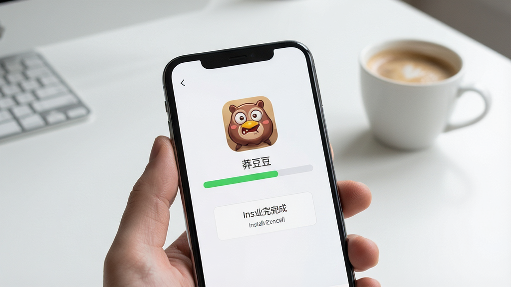 一张展示手机安装“莽豆豆”应用的场景图,主体为一部智能手机,屏幕中央显示应用安装进度条,背景是干净的书桌与一杯咖啡。布局简洁,手机占据画面中心,周围无杂物干扰。风格写实,光线柔和,细节包括屏幕上的“莽豆豆”图标与安装完成提示,画质细腻干净,无多余元素。