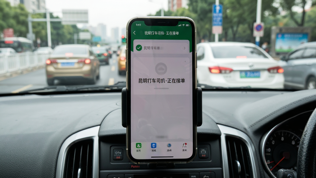 һ��������˾��App�ڼ�ʻ����ʹ�õ�ʵ��ͼ������Ϊ�п�̨�Ϲ̶����ֻ�֧���ϵ�App���棬����Ϊ�������е�·��ǰ���г��������ֲ���ƽ���ӽǣ��ֻ�λ�ڻ������룻�Ű���Ȼ����Ļ����Լ�ɼ���������˾�����ڽӵ��������дʵ�����������Ȼ��ϸ�ڷḻ�����ʸɾ����޶���Ԫ�ء�