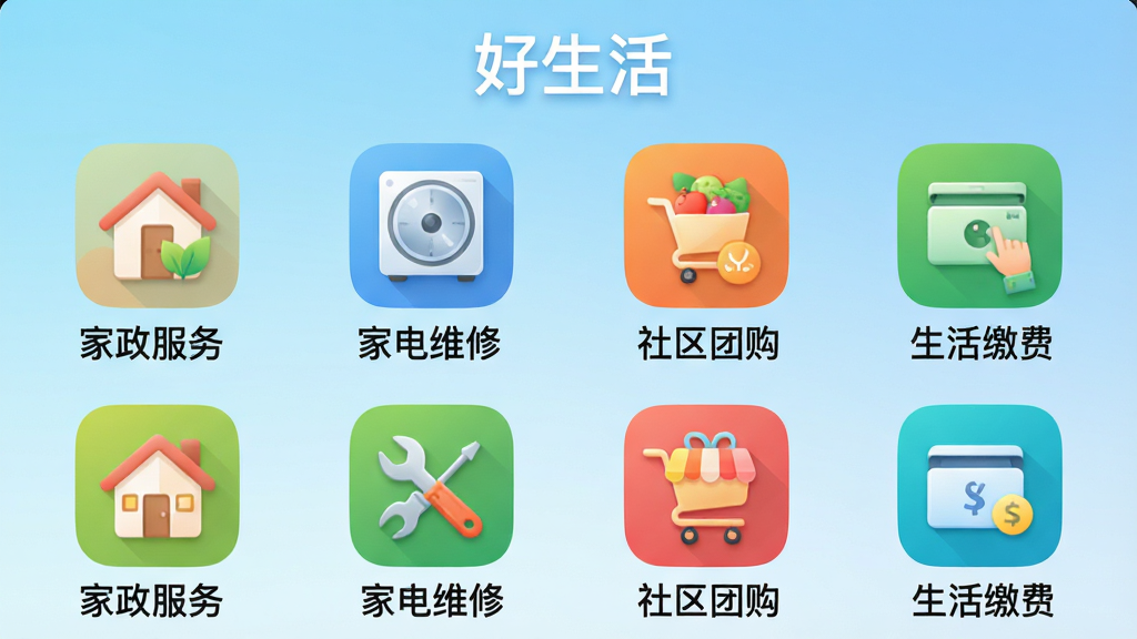 ���壺������APP�ġ�������񡱹���ҳ�棬չʾ������ά�ޡ��Ź���ͼ�ꡣ���֣�ҳ����������ʽ���У�ͼ���Ϸ��С�������������Ű棺ͼ���С���ȣ�ɫ�����������������Ȼ������Ϊǳ��ɫ���䡣ϸ�ڣ�ÿ��ͼ���·��ж�Ӧ�����硰�������񡱡����ҵ�ά�ޡ����������Ź�����������ɷѡ������ʣ��ɾ����޶���Ԫ�ء�