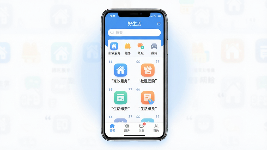 ���壺������APP����չʾ���ֻ���Ļ����ʾ���������ҳ�棬�Ϸ����������ͷ���ͼ�꣬�·��С���ҳ���������񡱡�����Ϣ�������ҵġ��ĸ��ײ����������֣��ֻ����У���Ļ���������ɼ�����Χ�е����Ĺ���Ч�����Ű棺���沼�����룬ͼ��Բ��ɫ�����¡�����ִ���ƽ����ɫ������ɫ�Ͱ�ɫΪ�������ʸ��塣ϸ�ڣ���Ļ�п��Կ������������񡱡��������Ź�����������ɷѡ������������ּ����š����ʣ��ɾ����޶���Ԫ�ء�