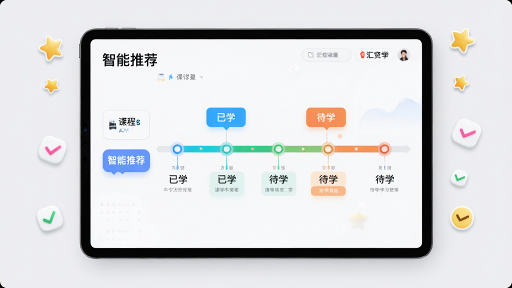 ���壺ƽ����չʾ����ѧ��APP�ĸ��Ի�ѧϰ·��ͼ����ʱ������ʽ�����γ̽ڵ㣻���֣�ƽ����У�����������Ƽ���ǩ���Ű棺·��ͼ������ע����ѧ������ѧ��״̬��ɫ���������ԣ���񣺼�Լ���ݿ��ӻ���񣬱���ǳ��ɫ��ϸ�ڣ���Ļ��Χ�����Ǻ͹�ѡͼ���׺�����ʸɾ����޶���Ԫ��