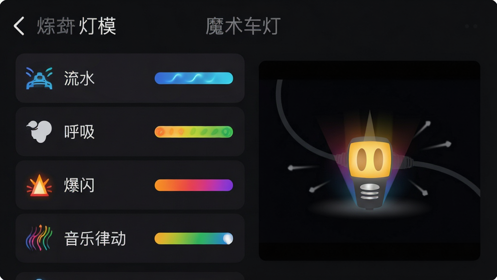 主体:手机APP“魔术车灯”界面截图,展示灯效模式列表。布局:左侧为模式名称列表,右侧为预览动画窗口。排版:界面简洁,采用深色主题,图标色彩鲜艳。风格:扁平化UI设计,科普风格。细节:模式名称包括“流水”“呼吸”“爆闪”“音乐律动”等,每个模式右侧有彩色预览条。画质:高清,干净,无多余元素。