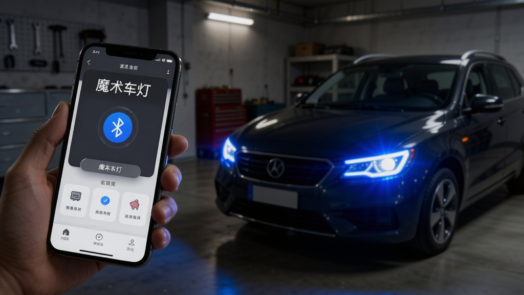 主体:用户手持手机通过“魔术车灯”APP控制车辆灯光,车辆前灯亮起蓝色光效。布局:人物位于左侧,车辆位于右侧,画面呈现互动场景。排版:室内车库环境,光线较暗突出灯光。风格:实拍感,真实生活场景。细节:手机屏幕显示APP主界面,蓝牙图标亮起,车辆灯光颜色与屏幕选择一致。画质:高清,干净,无多余元素。
