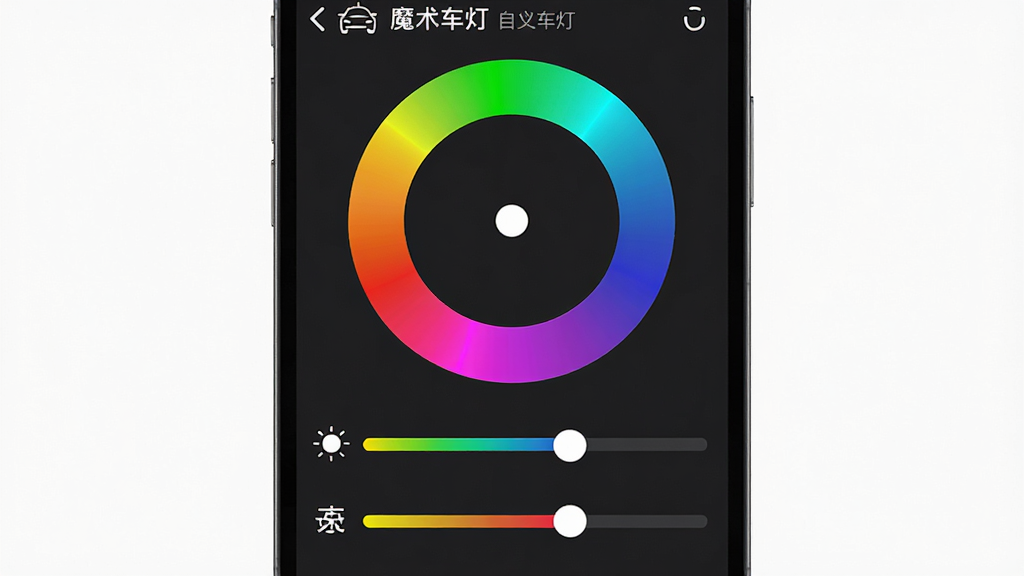 主体:手机APP“魔术车灯”自定义调色界面。布局:中央为圆形色环,下方为亮度滑条与速度滑条。排版:界面以深灰背景搭配彩色控件。风格:现代简约,强调色彩表现。细节:色环上有一个白色圆点指示当前颜色,滑条带有渐变色彩。画质:超清,干净,无多余元素。