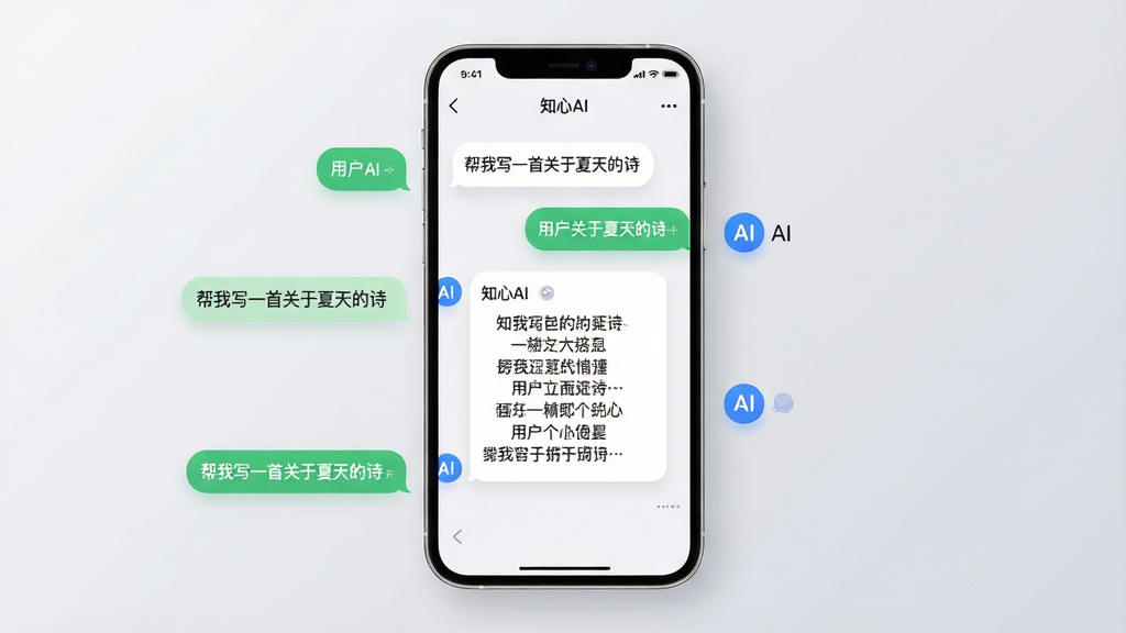 主体:知心AI与用户的多轮对话界面,手机竖屏展示。布局:手机位于画面中央,两侧有对话气泡交错排列,背景为淡灰色渐变。排版:气泡左对齐(用户)与右对齐(AI),文字内容清晰可读。风格:简洁明亮,现代移动端UI风格。细节:屏幕顶部显示“知心AI”名称,对话示例包含“帮我写一首关于夏天的诗”及AI生成的诗歌内容。画质:高清晰度,细腻光影,干净无多余元素。