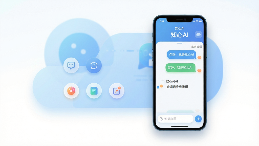 主体:知心AI应用主界面,展示在智能手机屏幕中央,界面包含对话气泡、功能图标与底部输入栏。布局:手机居中偏右,背景为浅蓝色渐变抽象图形,界面下方有柔和阴影,四周留白。排版:界面元素清晰,对话列表与功能按钮排列整齐。风格:扁平化结合轻微拟物,现代科技感,色彩清新。细节:屏幕内显示“知心AI”字样与欢迎语,气泡内容为“你好,我是知心AI”。画质:8K分辨率,高清渲染,干净无多余元素。