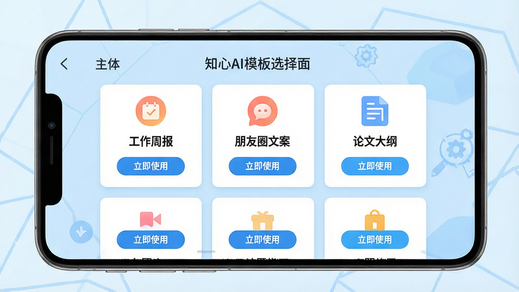 主体:知心AI的模板选择界面,展示多个功能卡片如“工作周报”、“朋友圈文案”、“论文大纲”。布局:手机横屏居中,背景为淡蓝色几何装饰。排版:卡片网格排列,每个卡片有图标与标题。风格:整洁直观,色彩明快,适合展示功能。细节:卡片上文字清晰,底部有“立即使用”按钮。画质:高清渲染,无多余元素。