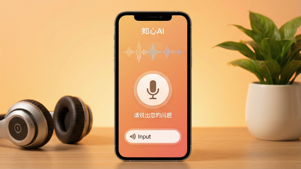主体:知心AI语音交互界面,显示波形动画与语音输入按钮。布局:手机置于画面中心,周围有耳机与桌面绿植点缀,背景为暖色渐变。排版:界面简洁,中央麦克风图标突出,下方有文字提示“请说出您的问题”。风格:温馨生活化结合科技感。细节:屏幕上方显示“知心AI”字样,波形律动。画质:细腻柔和,干净无多余元素。