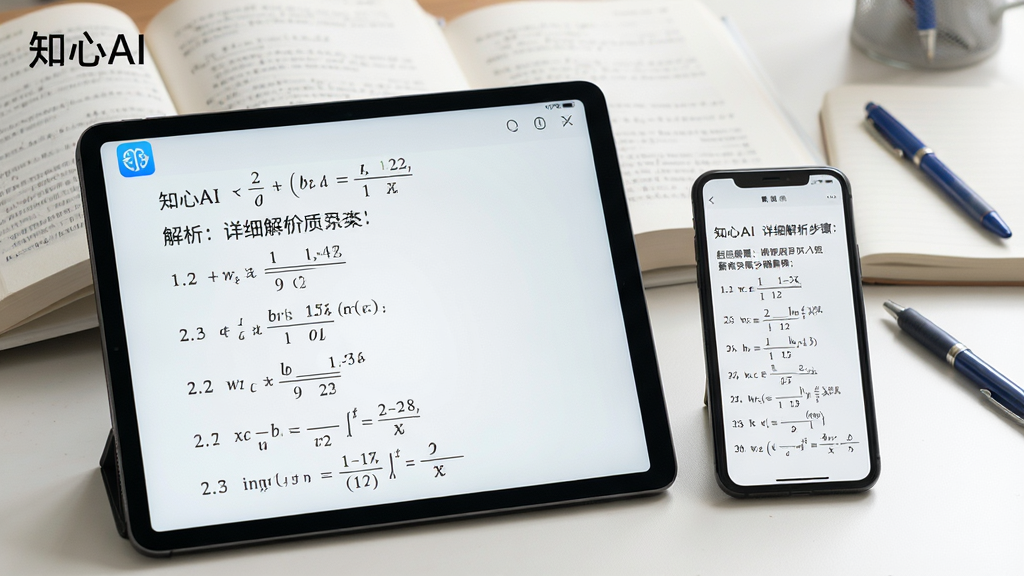 主体:学习场景中,知心AI显示一道数学题的详细解析步骤。布局:平板电脑与手机并排,屏幕内容分别为题目与解析,书本与文具作为背景。排版:解析分步骤呈现,公式与文字混合排版。风格:干净学术风,有助于专注。细节:平板左上角有“知心AI”水印。画质:明亮清晰,无多余元素。