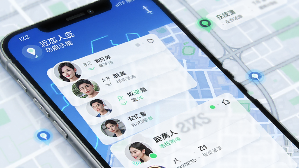 近恋同城匹配功能示意图,主体为地图背景上的用户头像卡片,布局显示附近人列表,排版清晰,风格科技感,细节包括距离标注与在线状态,画质干净明亮