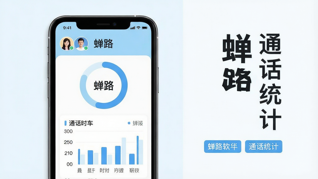 主体:一部智能手机屏幕显示蝉路软件的统计界面,屏幕中央有“蝉路”二字和环形图表。布局:手机位于画面中心偏左,右侧留白处放置文字“蝉路”和“通话统计”竖排字样。排版:上下结构,上方为手机实物,下方为软件名称和简短功能标签。风格:现代扁平化,浅蓝与白色主色调,简洁明亮。细节:手机屏幕上显示联系人头像和通话时长柱状图,图表线条清晰。画质:高清渲染,干净无多余元素。