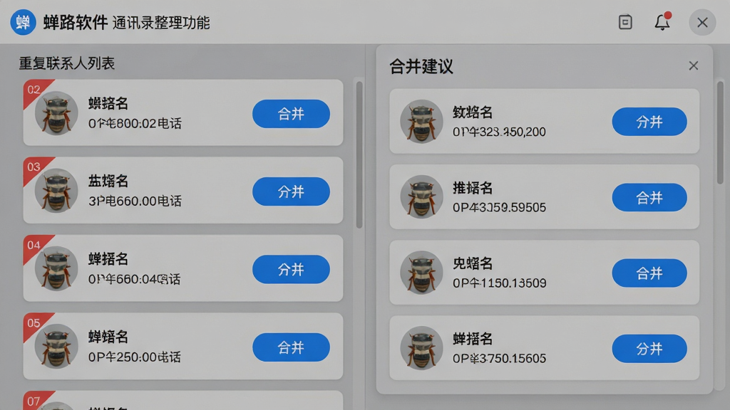 主体:蝉路软件的通讯录整理功能界面,显示重复联系人对比卡片。布局:画面分为左右两部分,左侧为重复联系人列表,右侧为合并建议窗口。排版:卡片式布局,每张卡片显示联系人姓名、电话和重复次数。风格:简洁商务风,灰色底纹搭配蓝色按钮。细节:重复联系人用红色角标提示,合并按钮为蓝色圆角矩形。画质:清晰锐利,干净无多余元素。