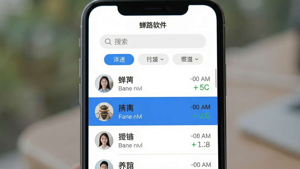 主体:蝉路软件的通话记录列表界面。布局:画面中央展示一款手机屏幕,列表上方有搜索框和筛选标签,下方是通话记录条目。排版:左对齐文字,每条记录包含联系人头像、姓名、时间和时长。风格:清爽的列表设计,白色背景,蓝色高亮选中项。细节:头像圆形,时间用灰色小字,时长用绿色数字标识。画质:高分辨率,干净无多余元素。