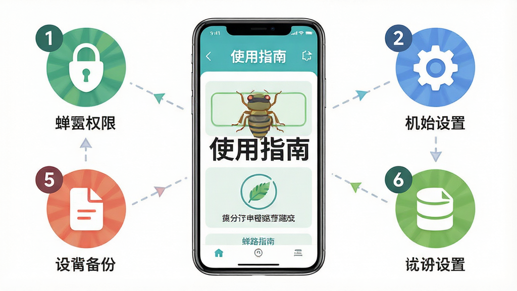主体:手机屏幕显示蝉路的使用教程步骤图,配文字“使用指南”。布局:中央手机,周围环绕数字标号步骤图标。排版:步骤图标按顺时针排列,每个图标下有简短说明。风格:教育风格,色彩明快。细节:步骤图标为圆形,包含图标符号,如权限、设置、备份等。画质:高清,干净无多余元素。