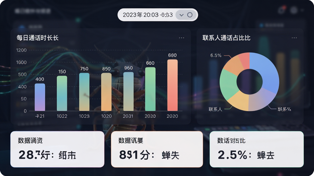 主体:蝉路软件的统计报表界面,包含柱状图和饼图。布局:图表居中排列,上方有日期切换按钮,下方有数据摘要。排版:图表占大面积,数据摘要用卡片形式展示。风格:数据可视化风格,色彩鲜艳但柔和。细节:柱状图显示每日通话时长,饼图显示联系人通话占比,数字清晰。画质:高保真渲染,干净无多余元素。