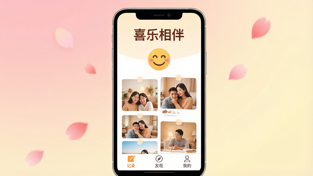 ���壺һ��������Ļ�������ֻ�����Ļ����ʾϲ�ְ�APP�������棬������ůɫ��Ϊ���������С�ϲ����顱�����������м���Ц��ͼ�����ܰ��������Ƭ�ٲ��������֣��ֻ����У���Ļ��ǰ����������͵Ľ����ɫ�뵭��ɫ��Ӫ����ů��Χ���Ű棺��࣬ͻ����Ļ���ݣ��������ס���񣺱�ƽ���廭�磬ɫ�����졣ϸ�ڣ���Ļ�·��С���¼�������֡����ҵġ�������ǩ����������Ʈ�伸Ƭ���ꡣ���ʣ����壬�ɾ����޶���Ԫ�ء�