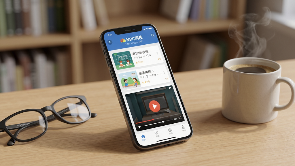 画面主体为一部正在播放数学课程的智能手机,屏幕中显示“NBC网校”APP界面,包含课程列表与播放窗口。手机斜放在一张简约的木纹书桌上,旁边摆放着一副眼镜和一杯冒着热气的咖啡。背景是柔和虚化的书架,营造出安静专注的学习氛围。整体布局采用中心构图,风格写实明亮,细节注重光影质感,画质高清干净,无多余元素。